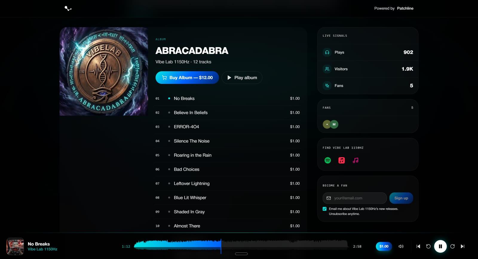 A Patchline storefront with players, live signals, and direct checkout