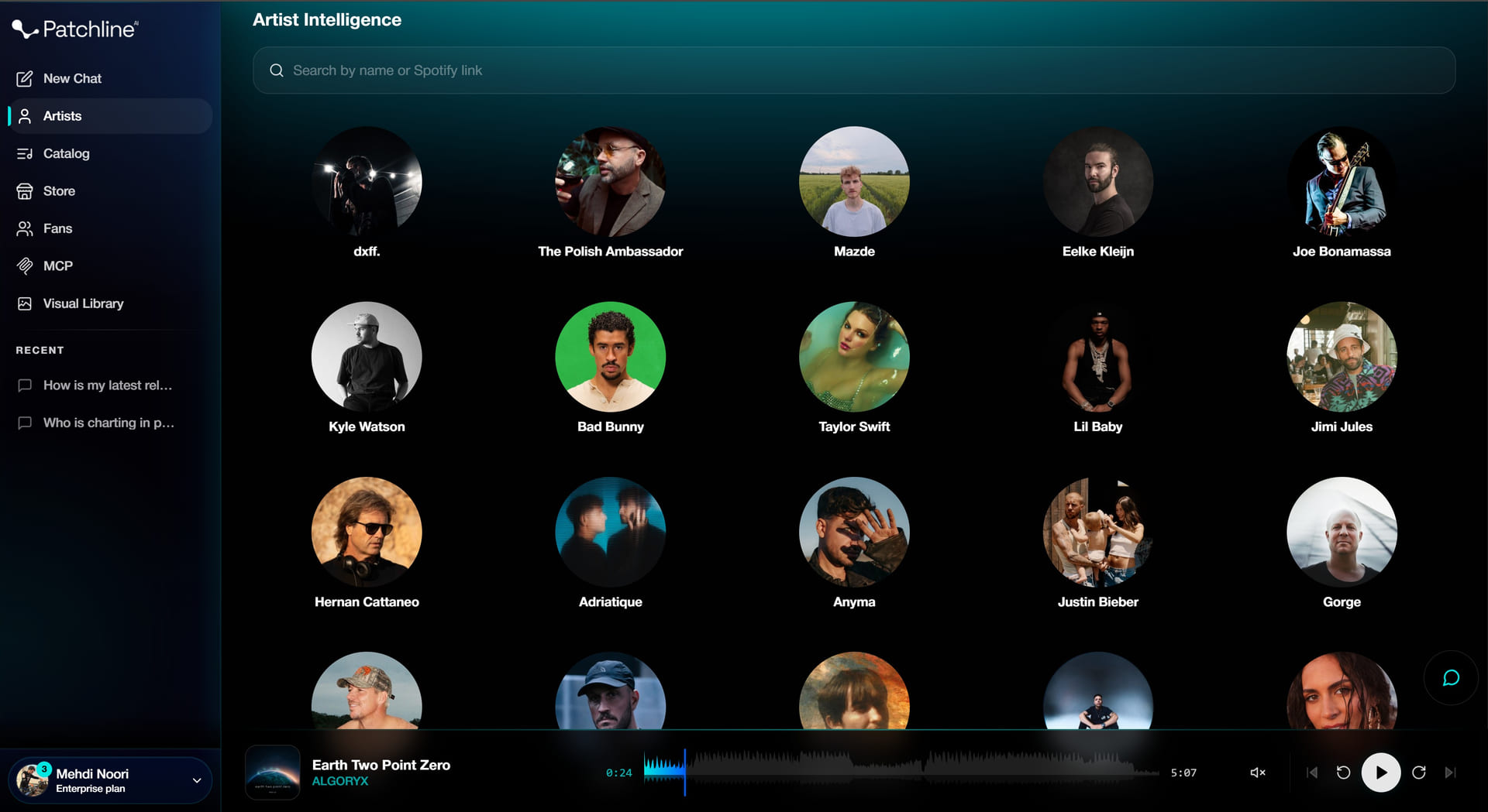 Patchline artist intelligence: search, track, and read artists in one workspace